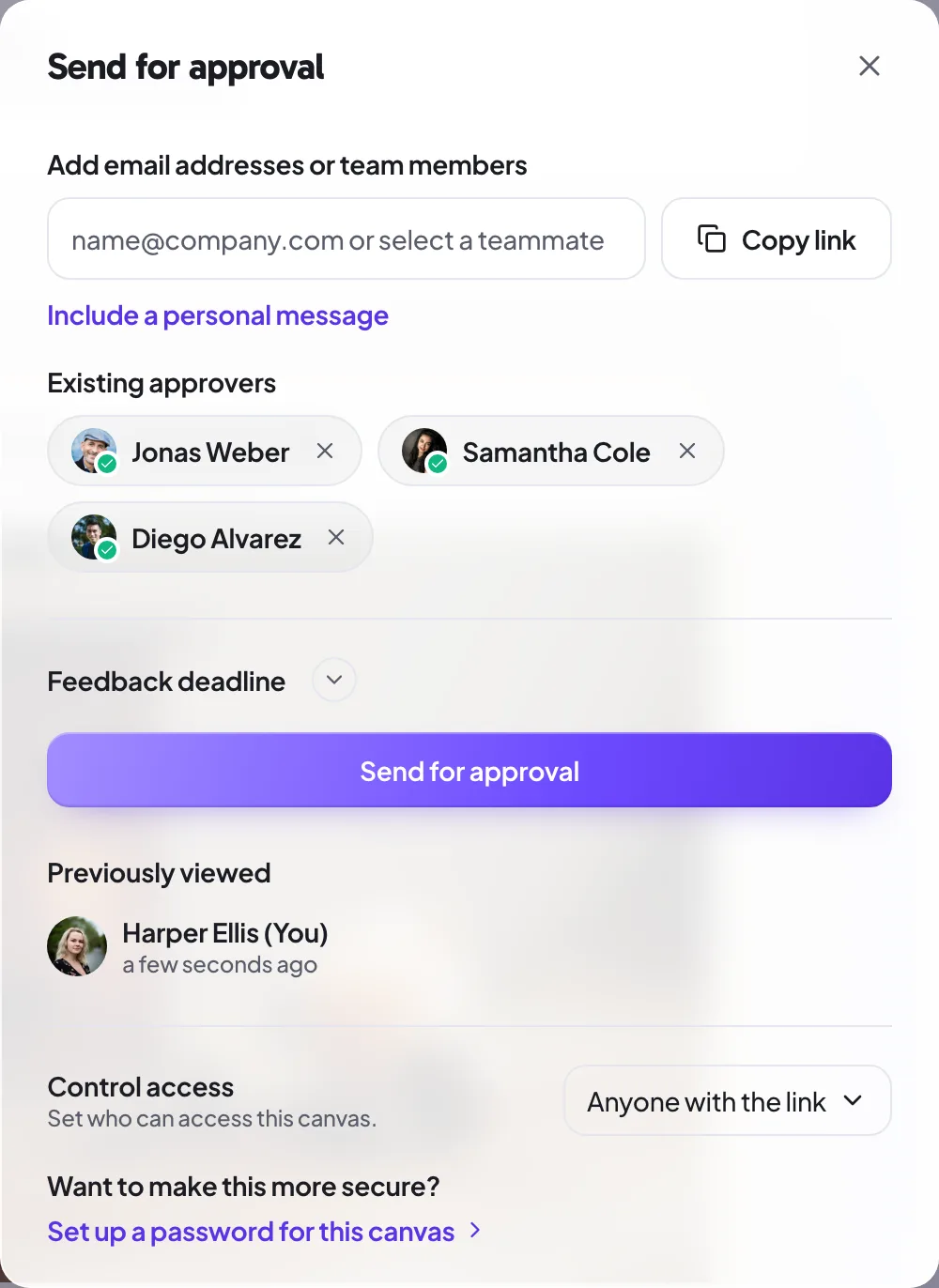 The send-for-approval dialog with team reviewers and a deadline