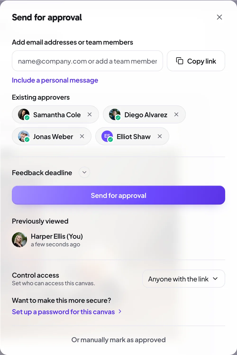 The Send for approval dialog with reviewers added and access options