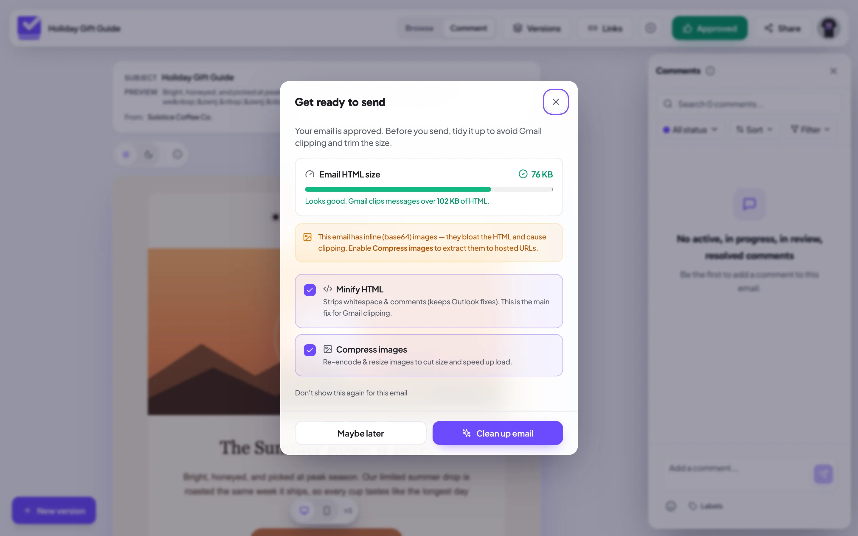 Proofel's Get-ready-to-send check: HTML size against the Gmail limit, an inline-image warning, and cleanup options