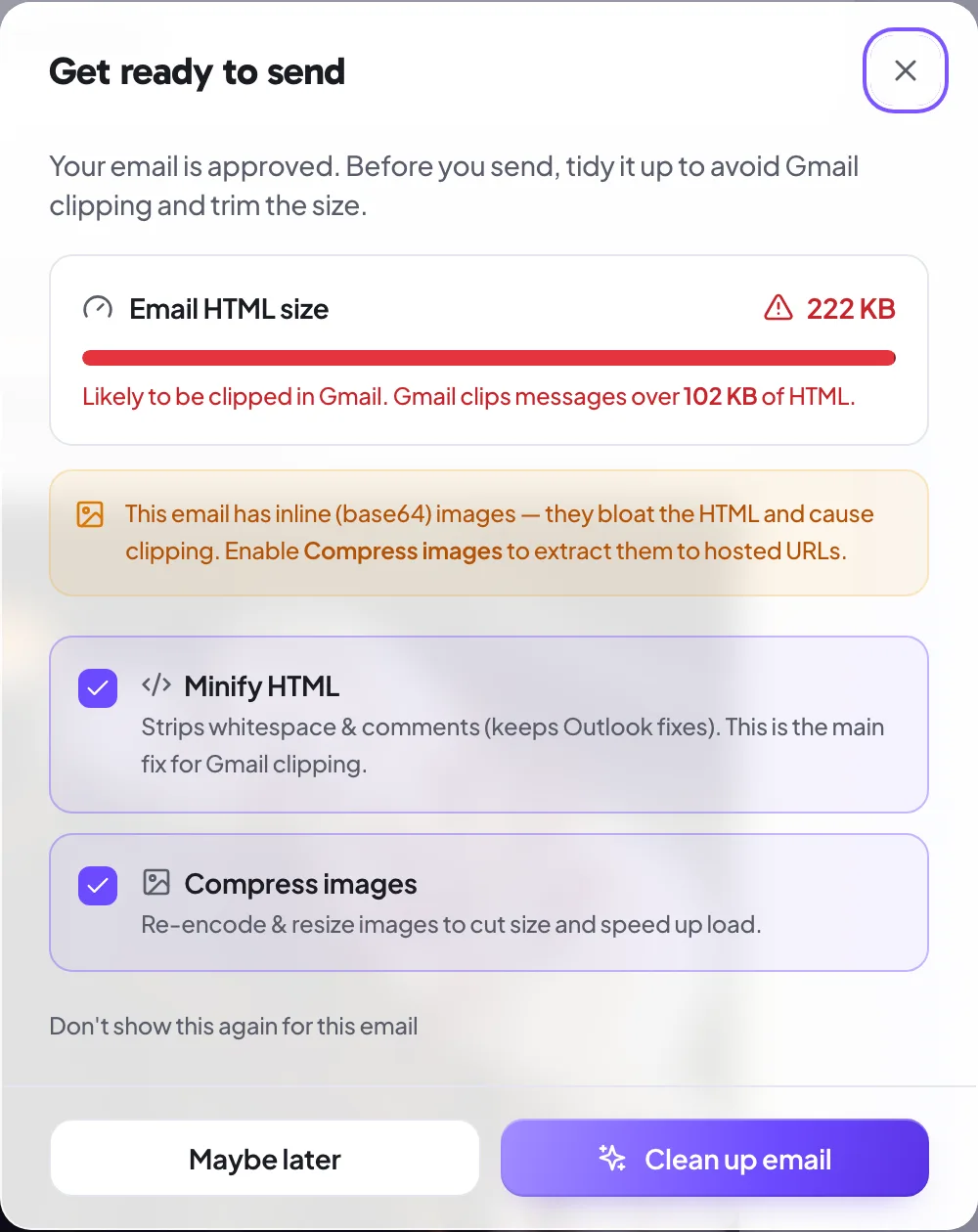 The Email Cleanup panel showing a large email size, high clipping risk, and the cleanup options