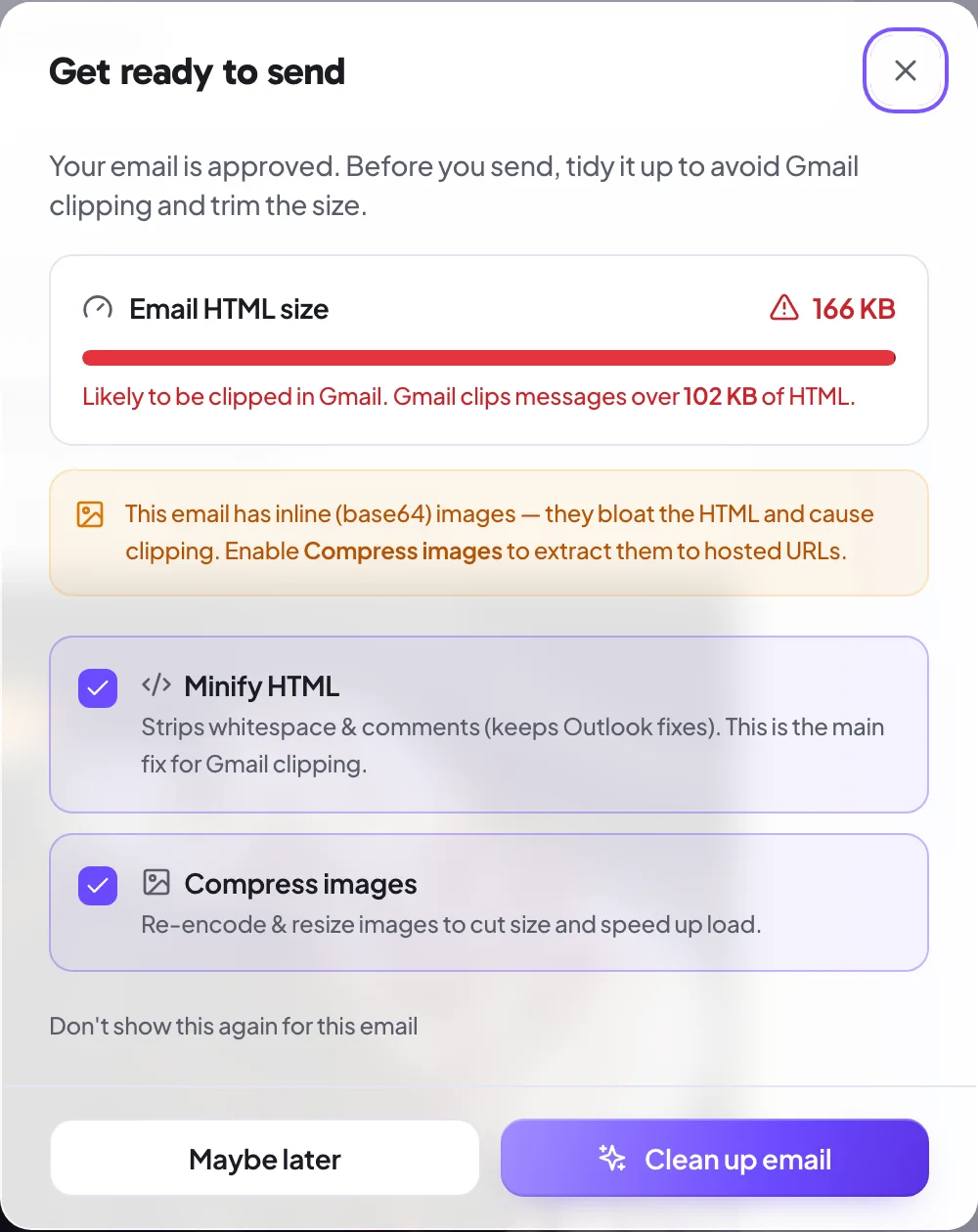 The Email Cleanup panel showing a large email size, high clipping risk, and the cleanup options