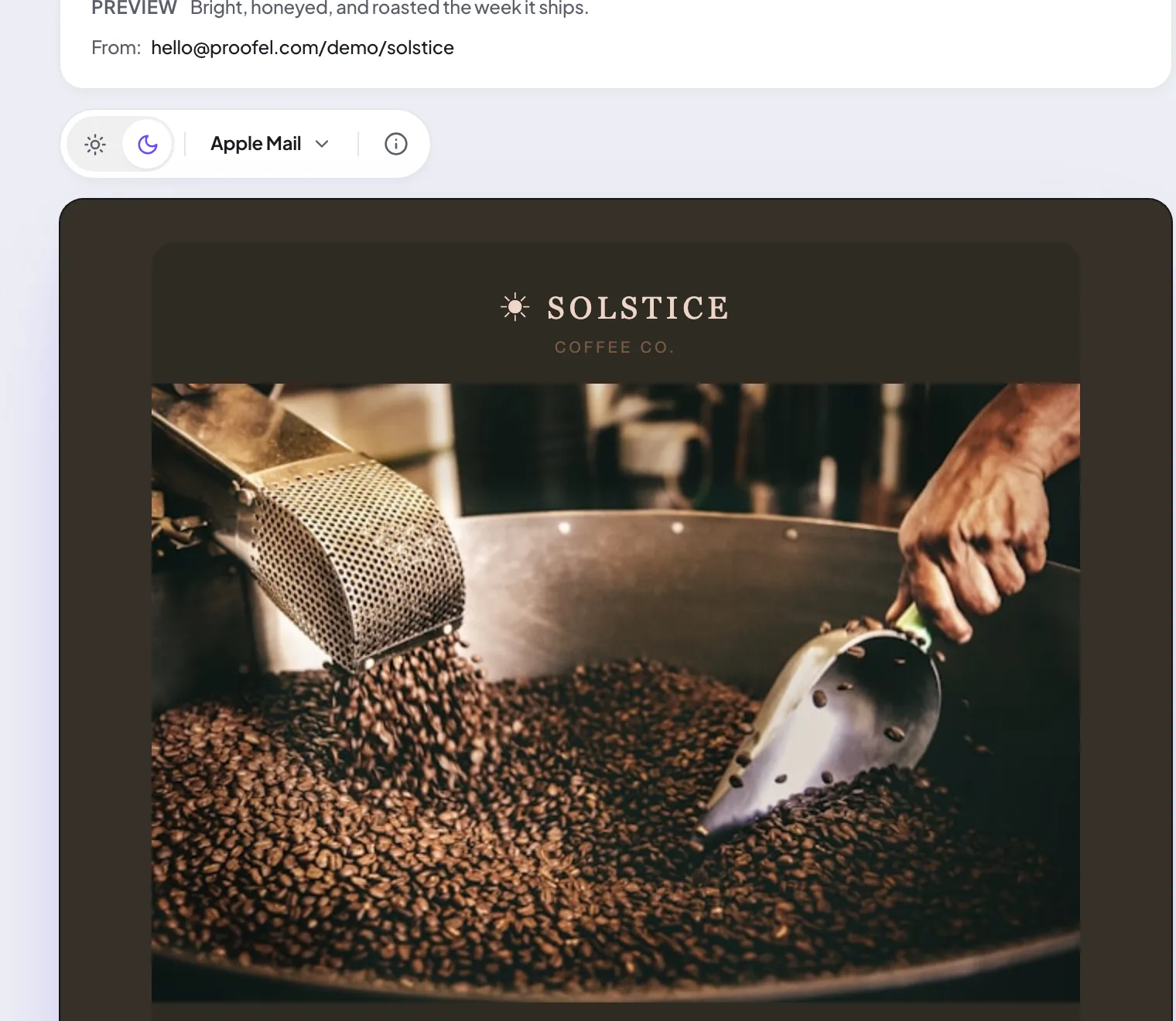 An email rendered through the Proofel dark-mode simulator with the light/dark toggle and client picker