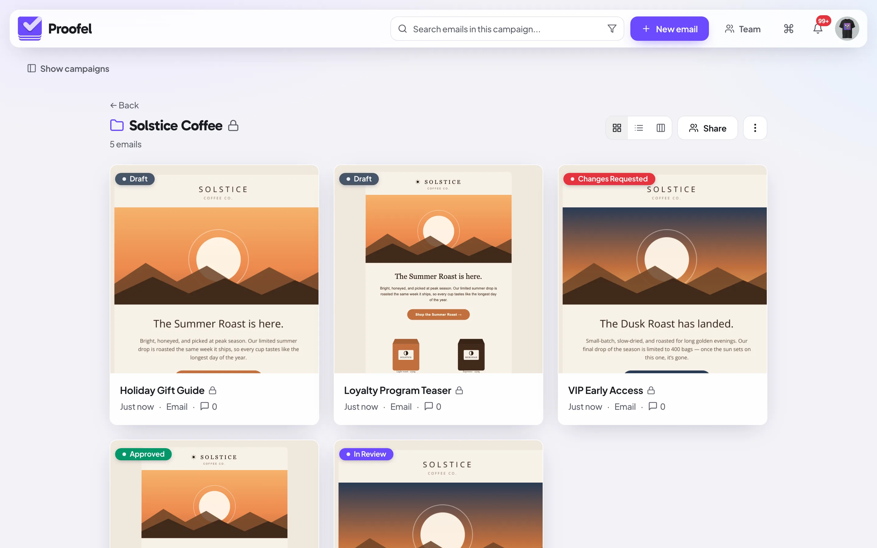 A campaign folder in the Proofel dashboard with statuses across emails