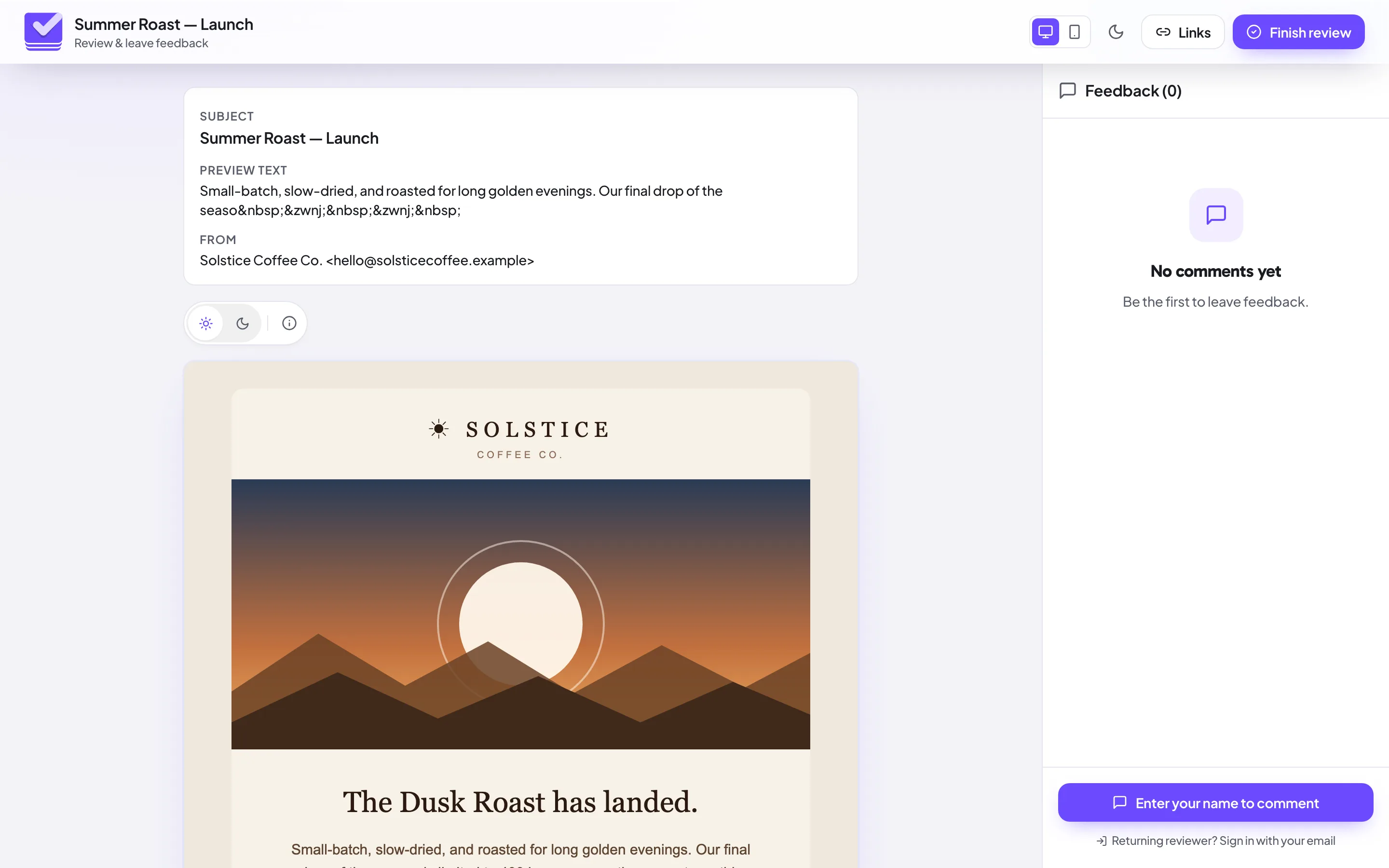 What an external approver sees: the email, feedback panel, and finish-review controls — no account required