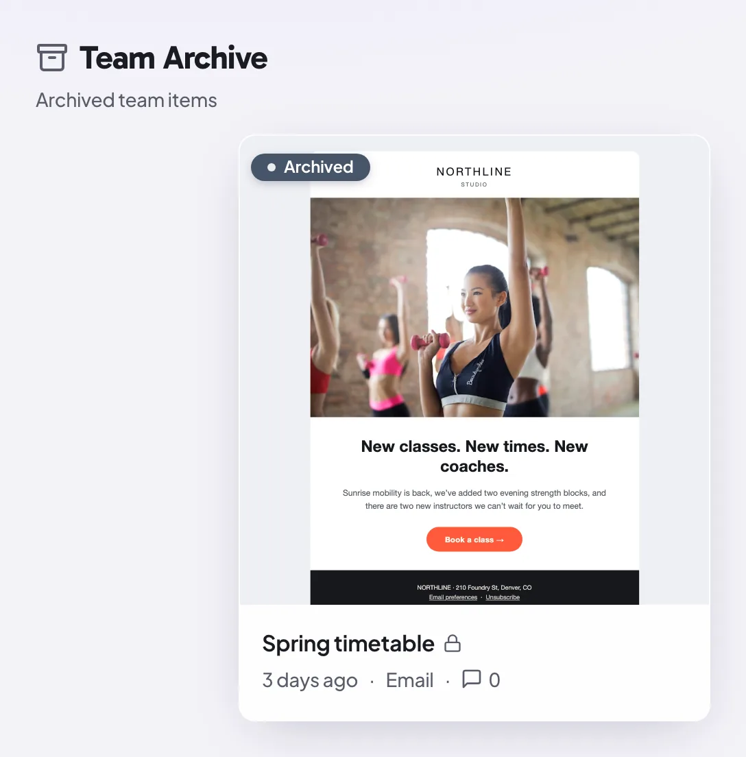 The Archive view in the Proofel dashboard listing archived emails