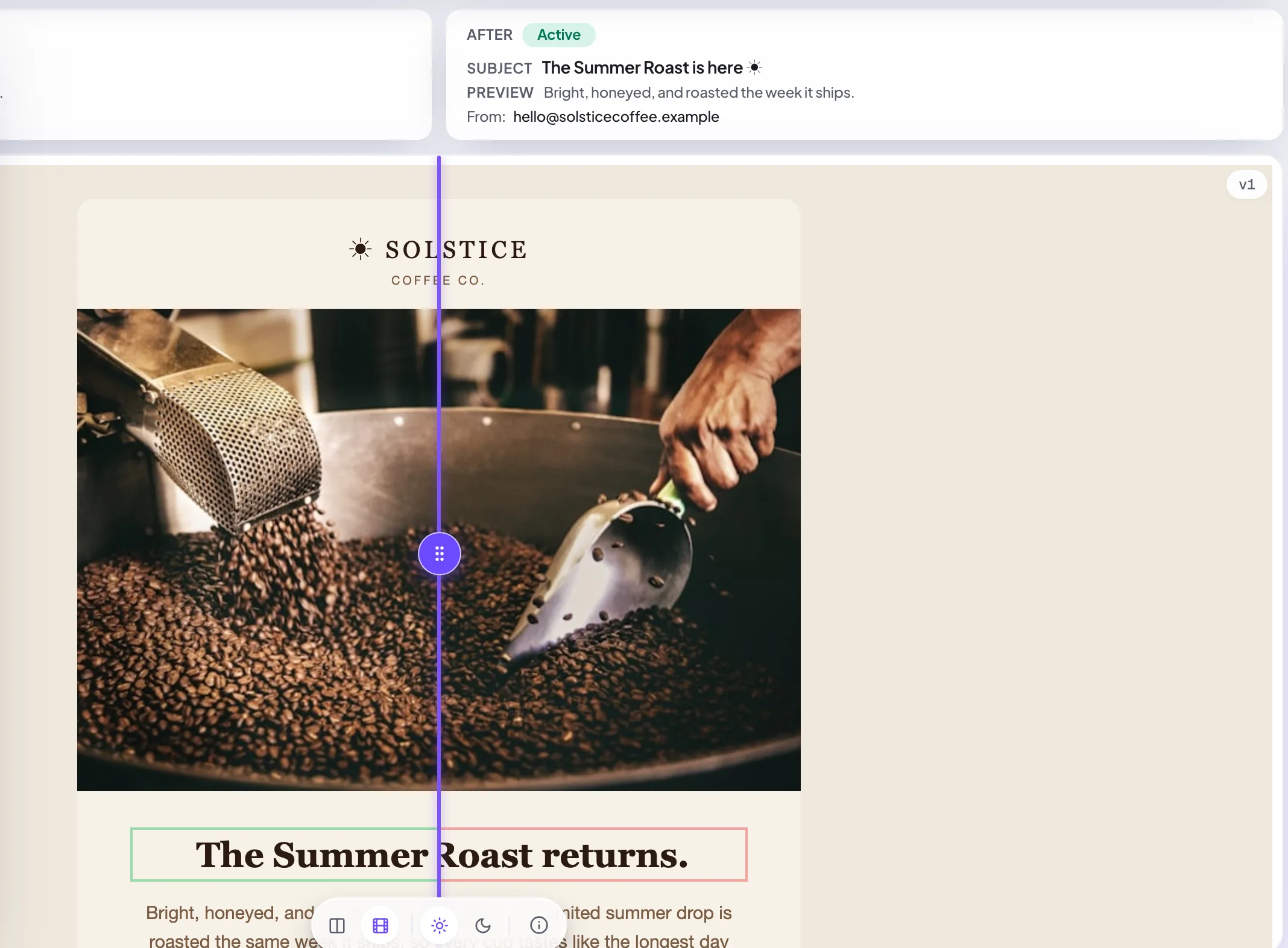 Cinematic compare with a draggable divider wiping between two email versions