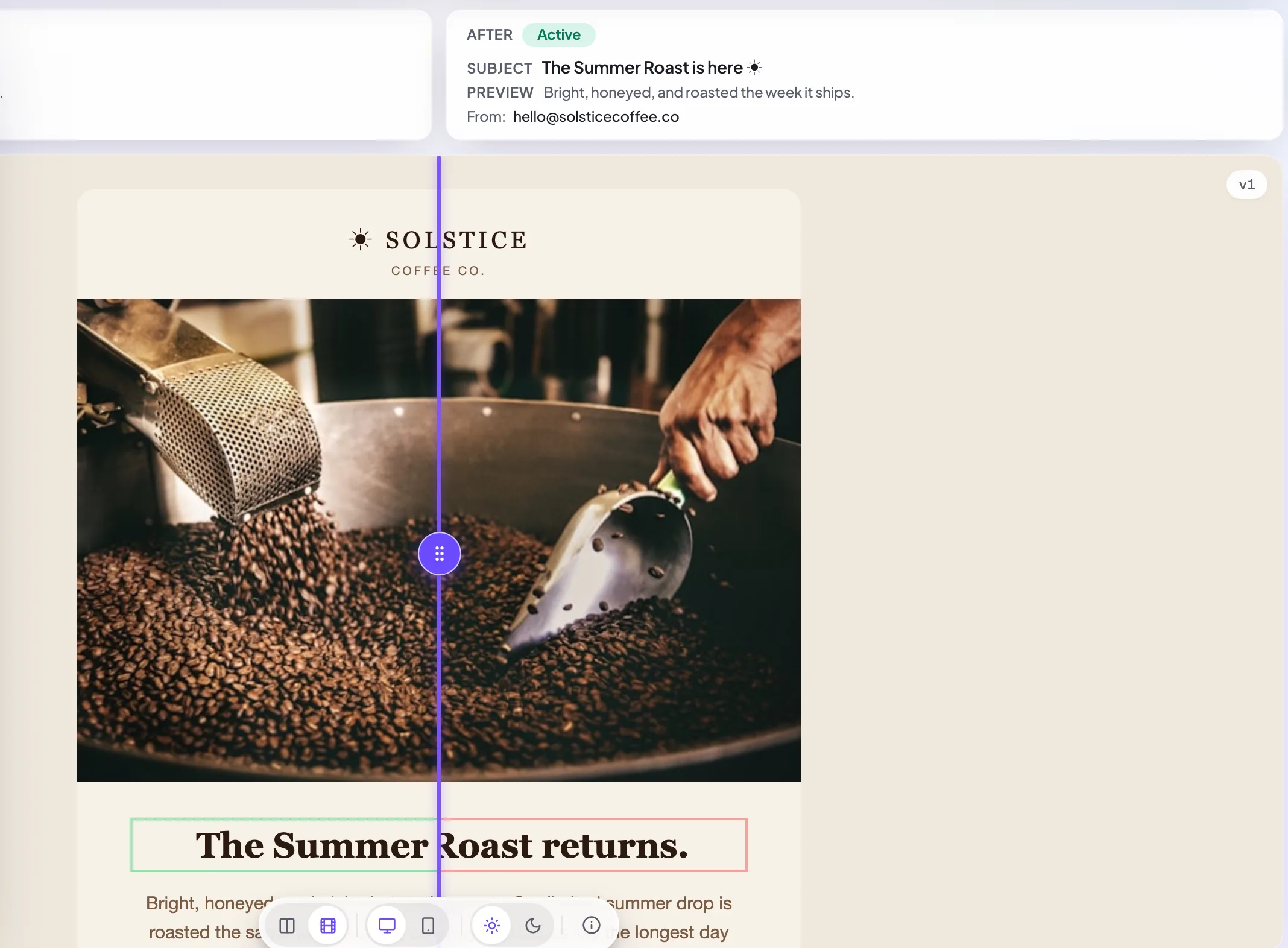 Cinematic compare with a draggable divider wiping between two email versions