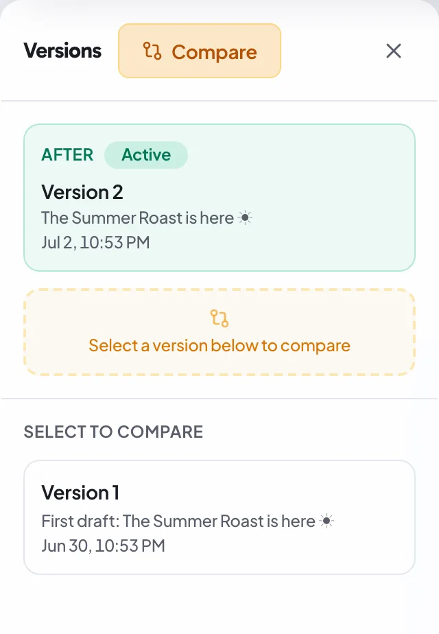 The compare picker in the versions panel, choosing a version to compare against