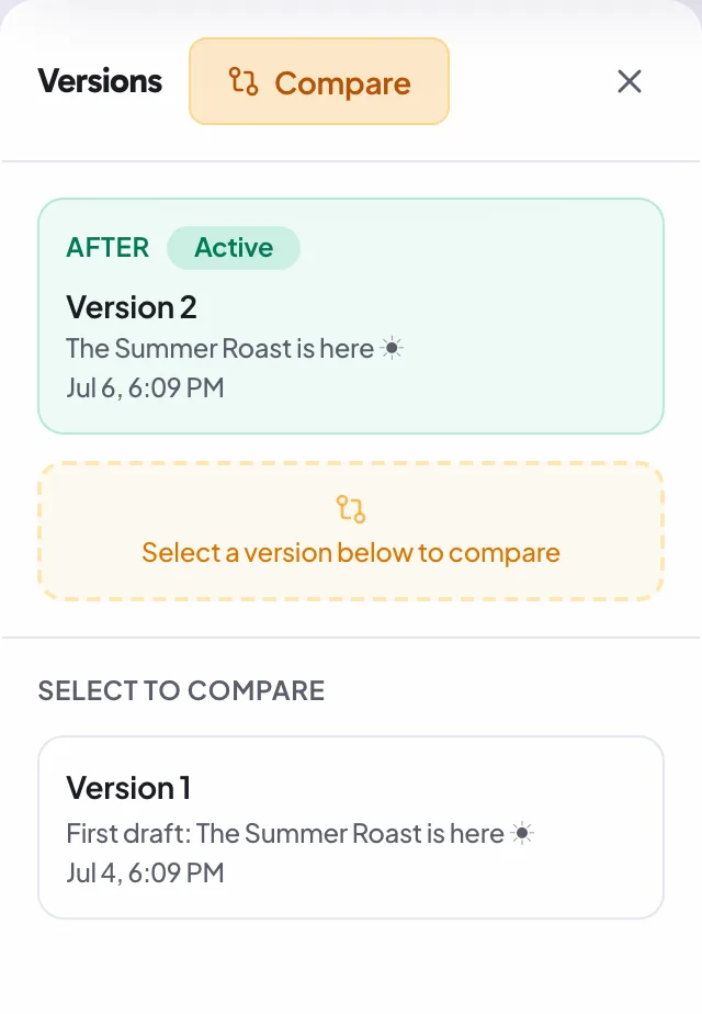 The compare picker in the versions panel, choosing a version to compare against