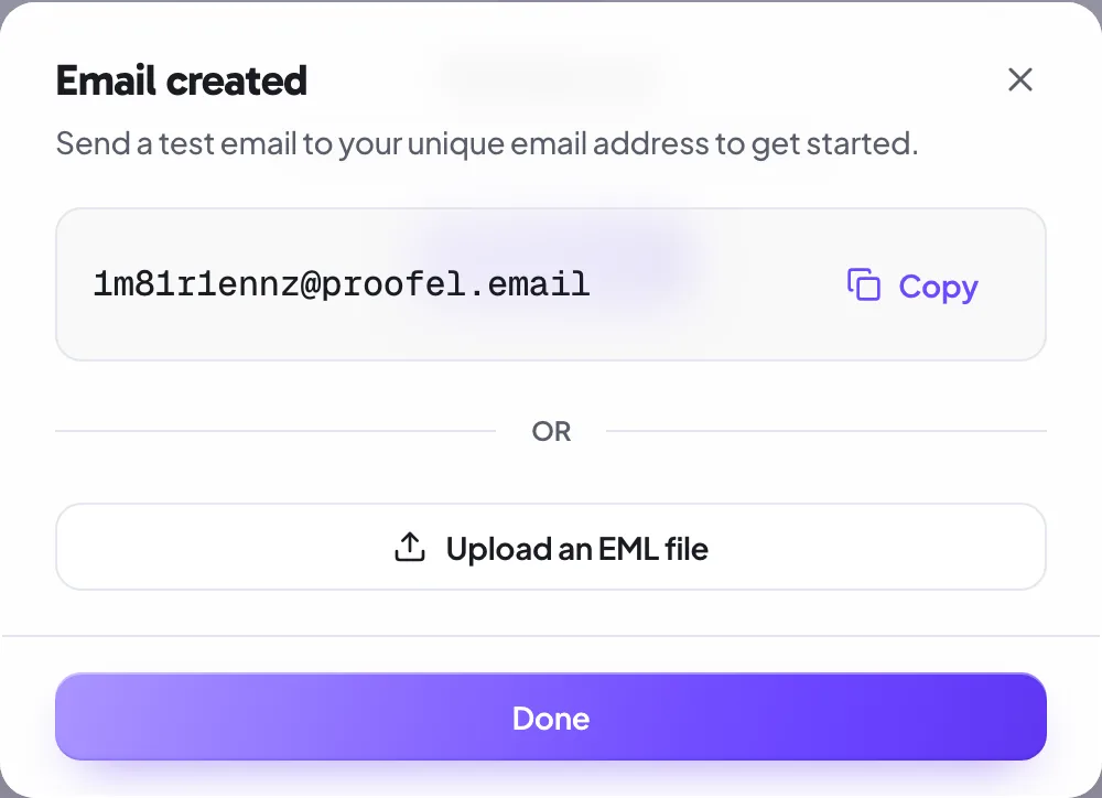 The New email dialog showing the unique Proofel address generated for the email