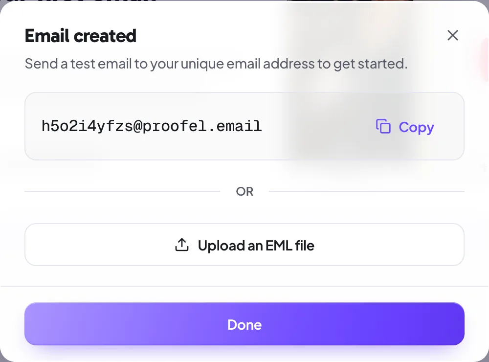 The New email dialog showing the unique Proofel address generated for the email