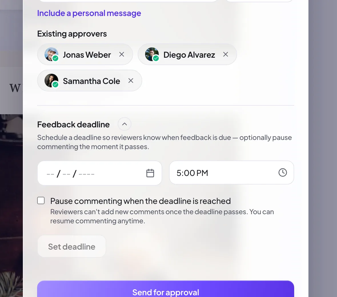 The feedback deadline picker and auto-pause checkbox inside the Send for approval dialog