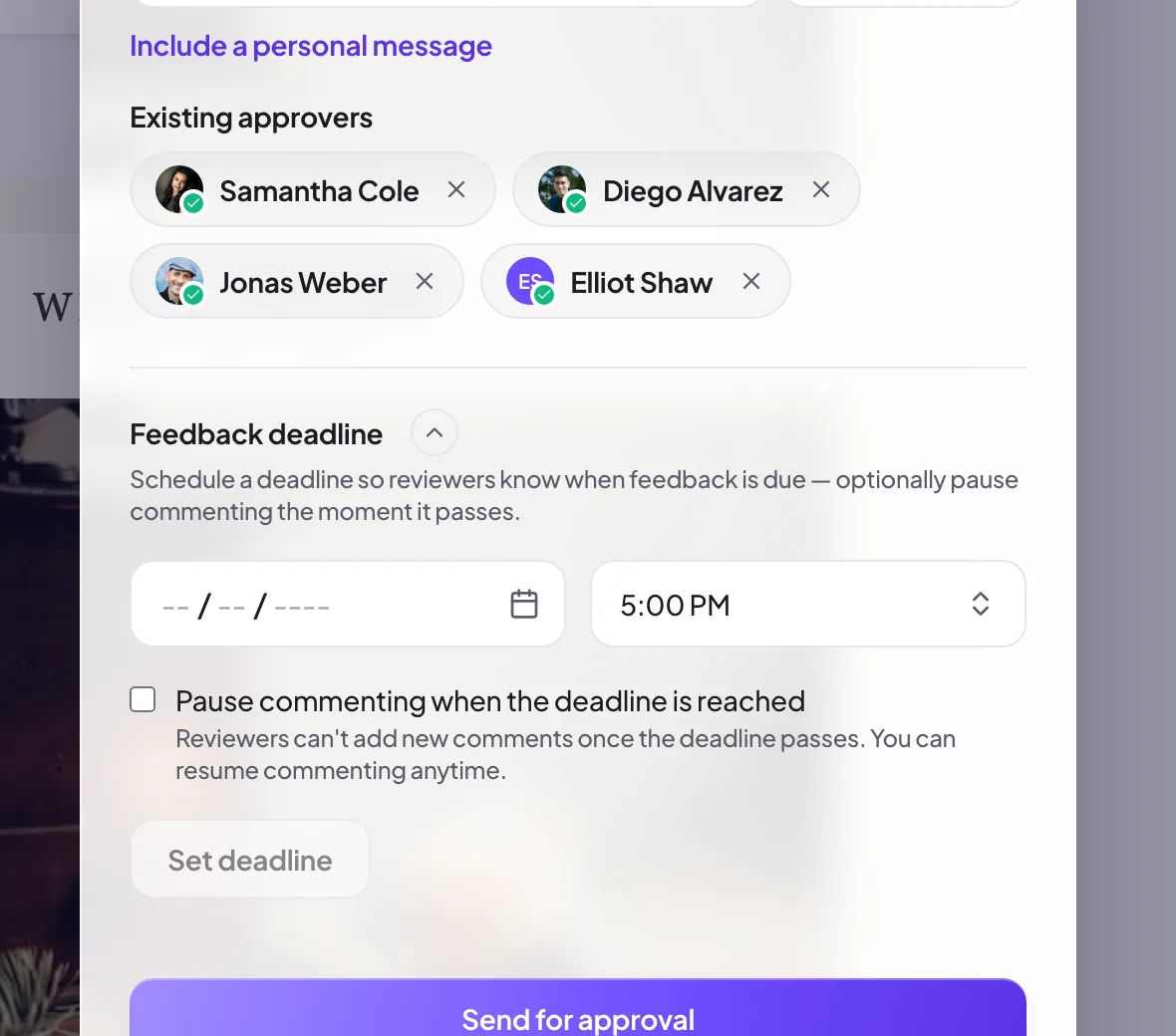 The feedback deadline picker and auto-pause checkbox inside the Send for approval dialog