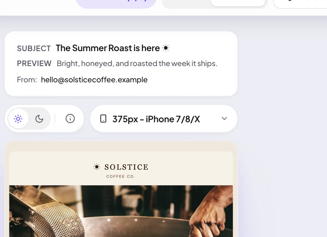 The named mobile device selector above the email iframe