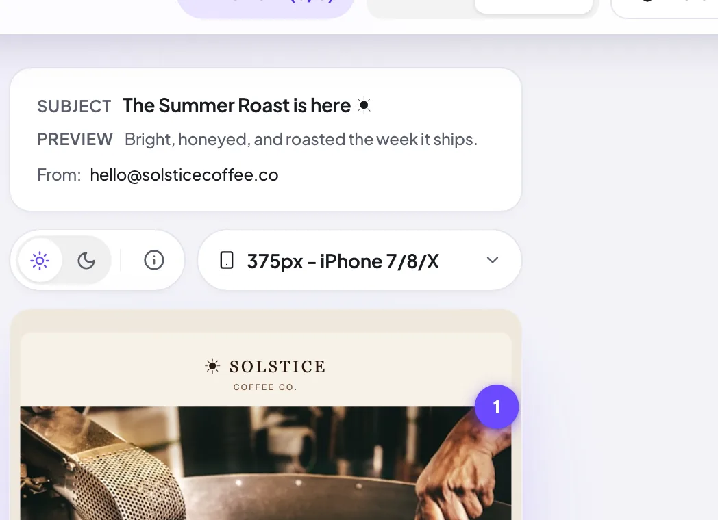 The named mobile device selector above the email iframe