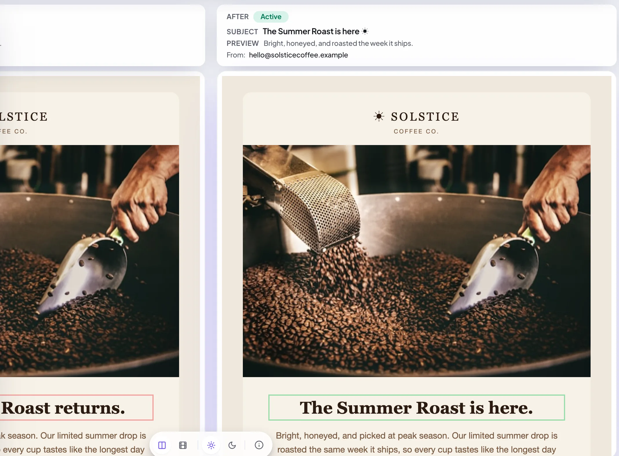The diff view highlighting what changed between two email versions