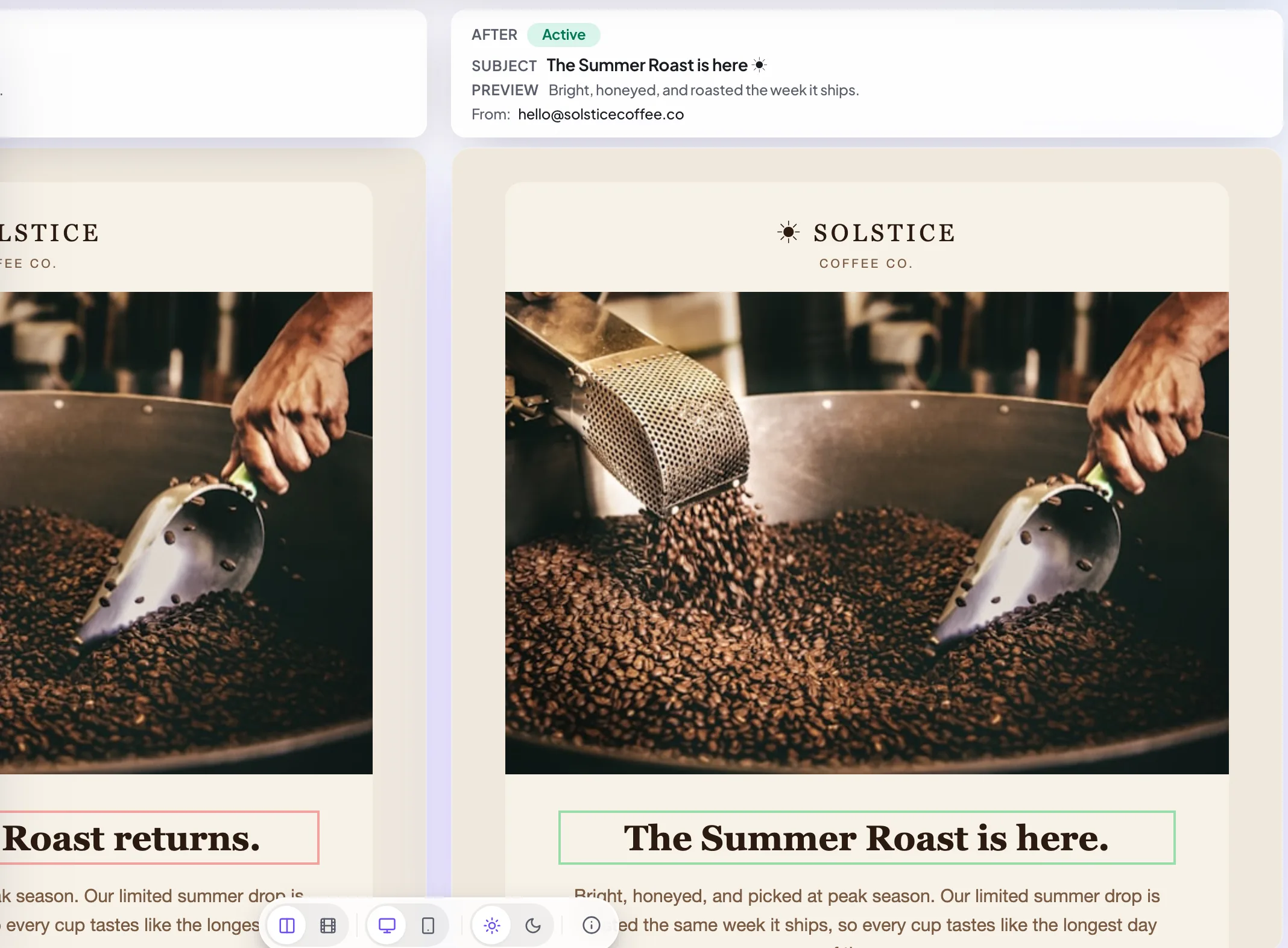 The diff view highlighting what changed between two email versions