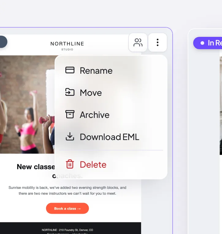 The Download EML action in a canvas menu on the Proofel dashboard