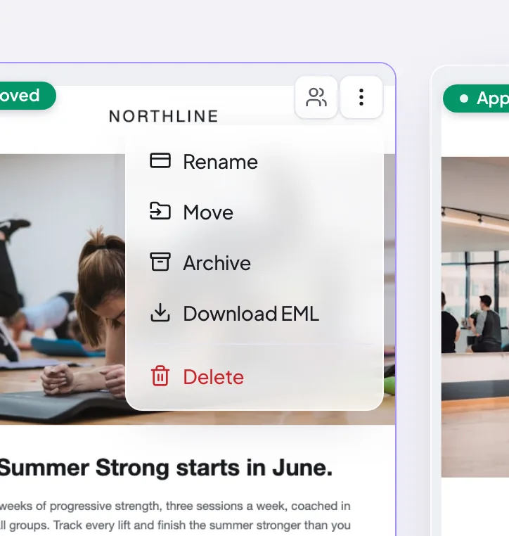 The Download EML action in a canvas menu on the Proofel dashboard