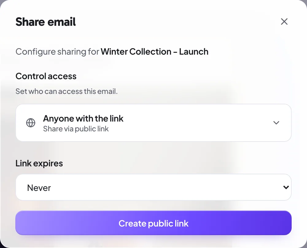 The link expiry selector in the Proofel share dialog