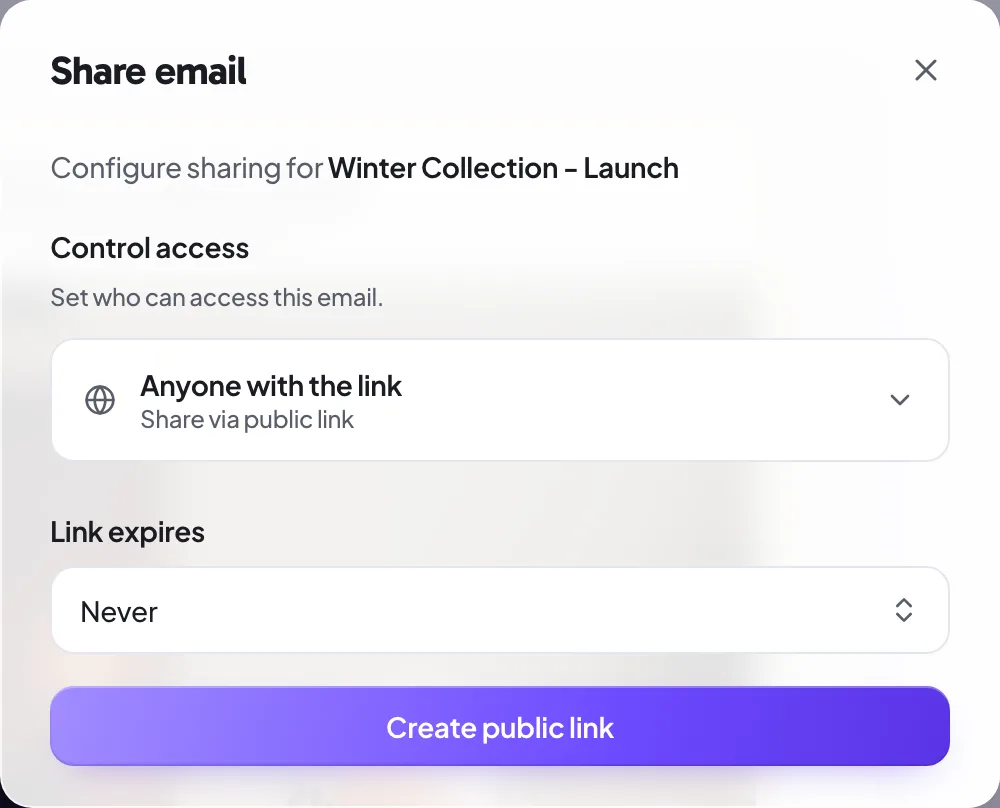 The link expiry selector in the Proofel share dialog