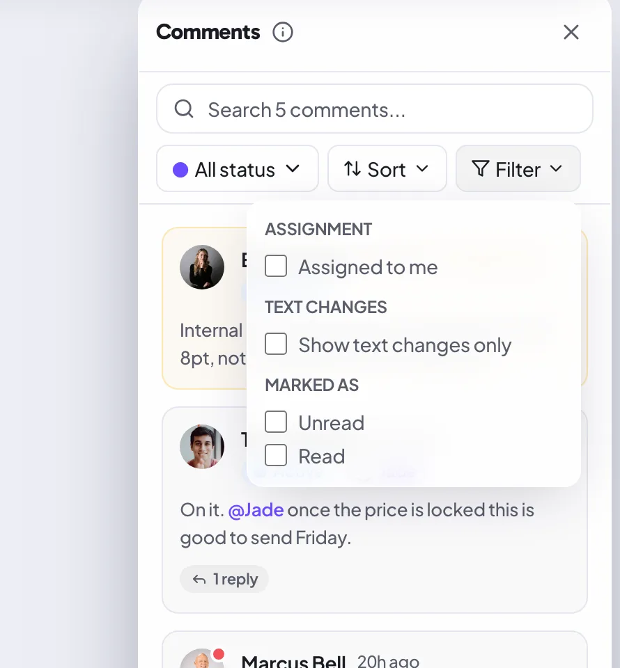 The comment filter dropdown in the Proofel comments sidebar