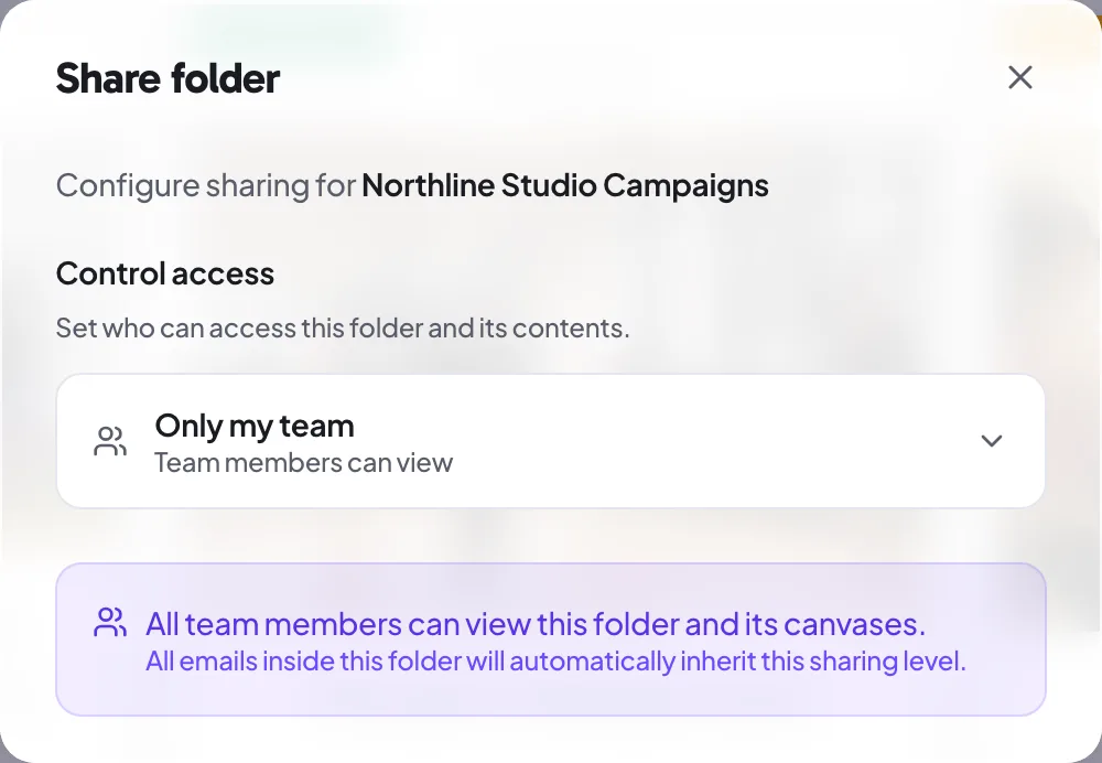 The share dialog on a campaign folder page in the Proofel dashboard