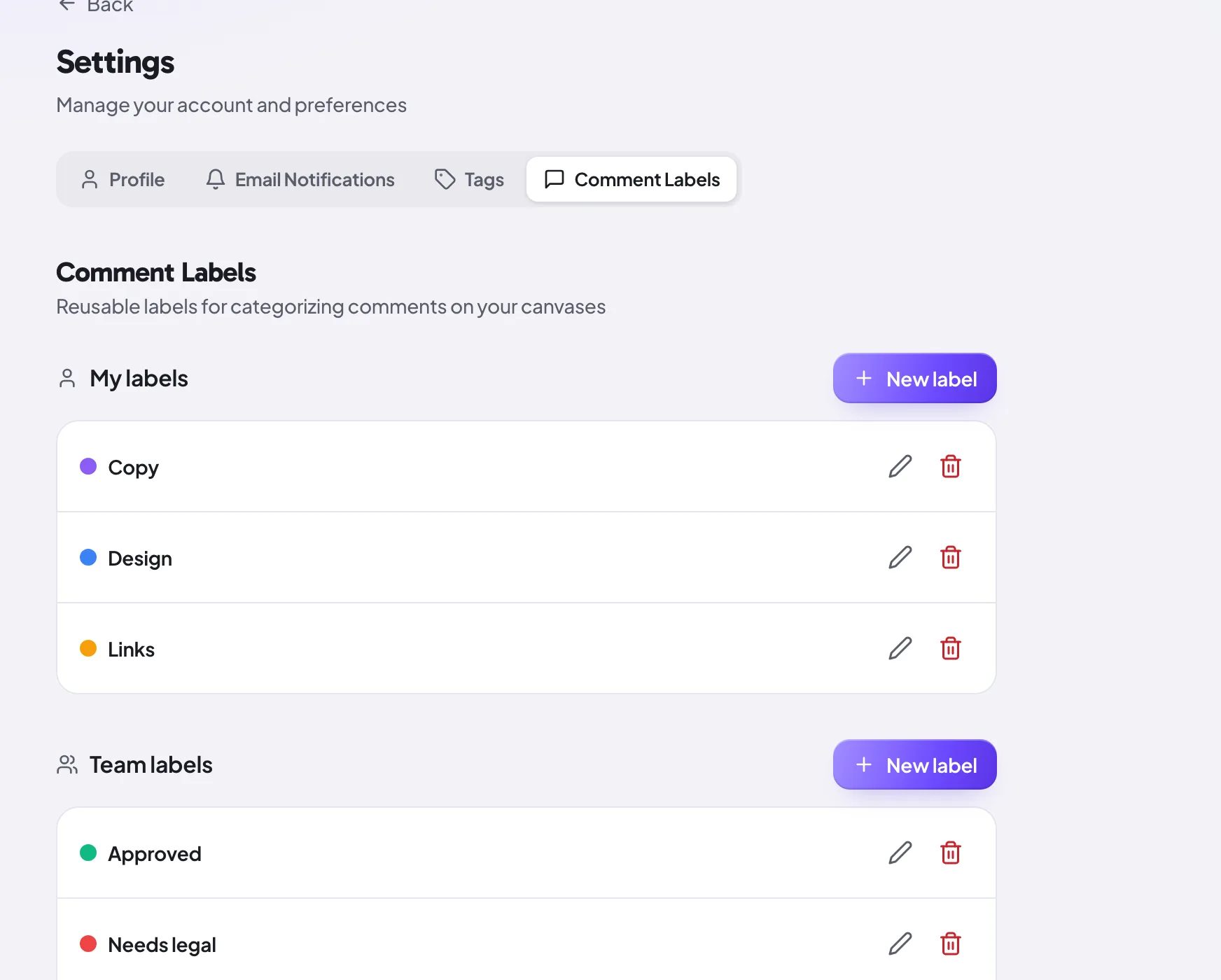 The comment label library in settings, with personal labels and shared team labels