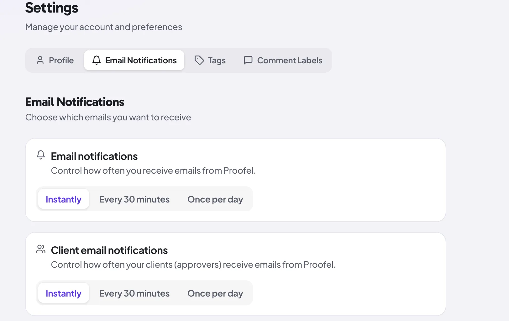 Notification and email digest cadence preferences in Proofel settings