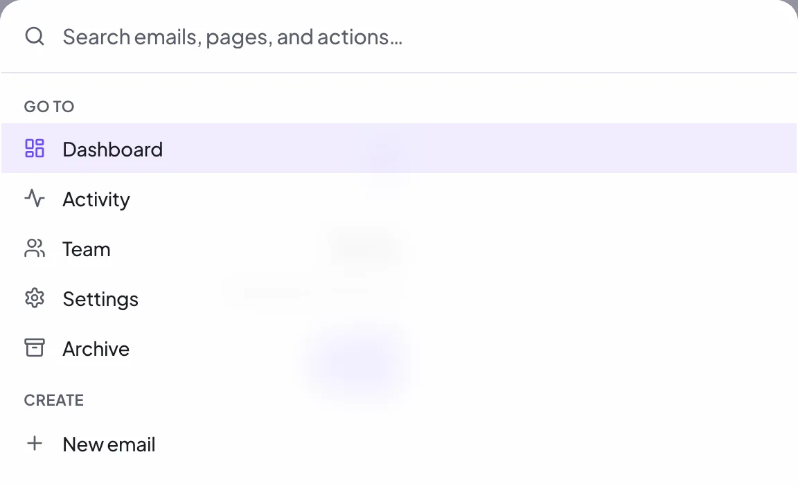 The Proofel command palette opened with Cmd+K, searching across sections and emails