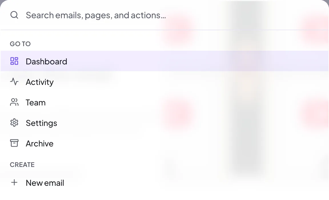 The Proofel command palette opened with Cmd+K, searching across sections and emails