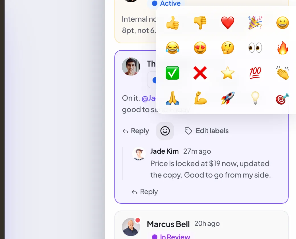 The emoji reaction picker open on a comment