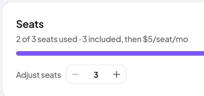 The seat allocation on the Proofel Team page, showing seats in use out of the total