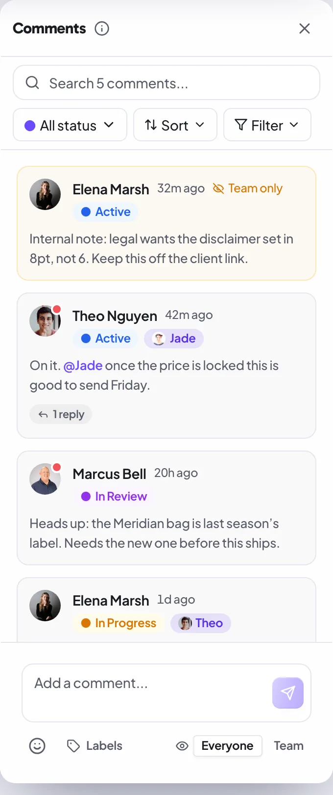 Comments in the sidebar carrying different statuses: Active, In progress, In review, and Resolved