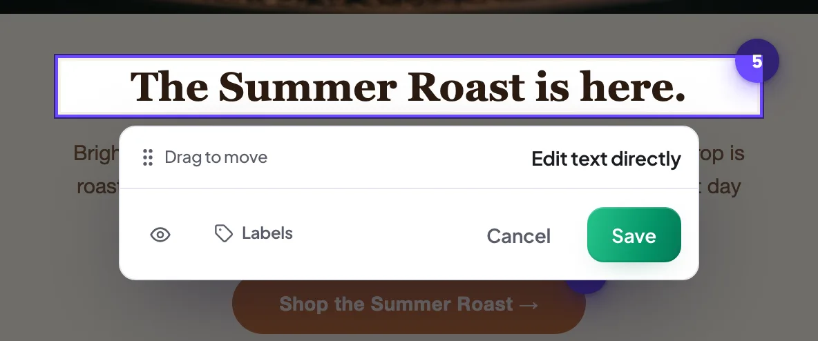 Editing a line of email copy with the inline suggestion modal open over the email