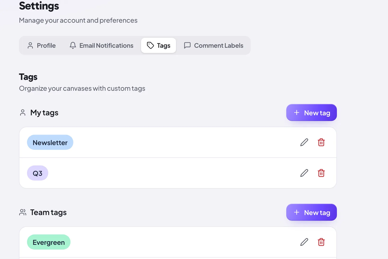 The shared team tags settings page in Proofel