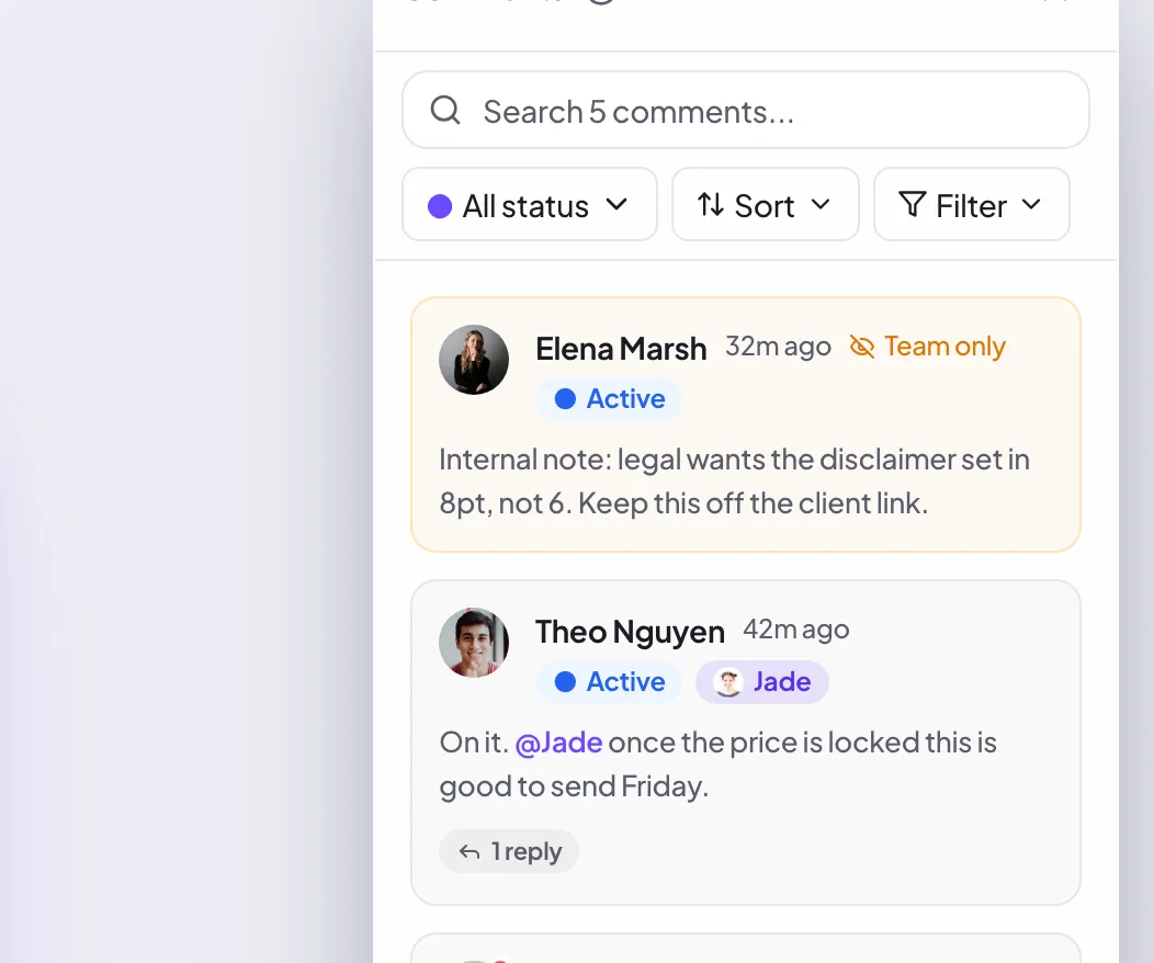 A team-only comment shown with an amber tint in the comments sidebar