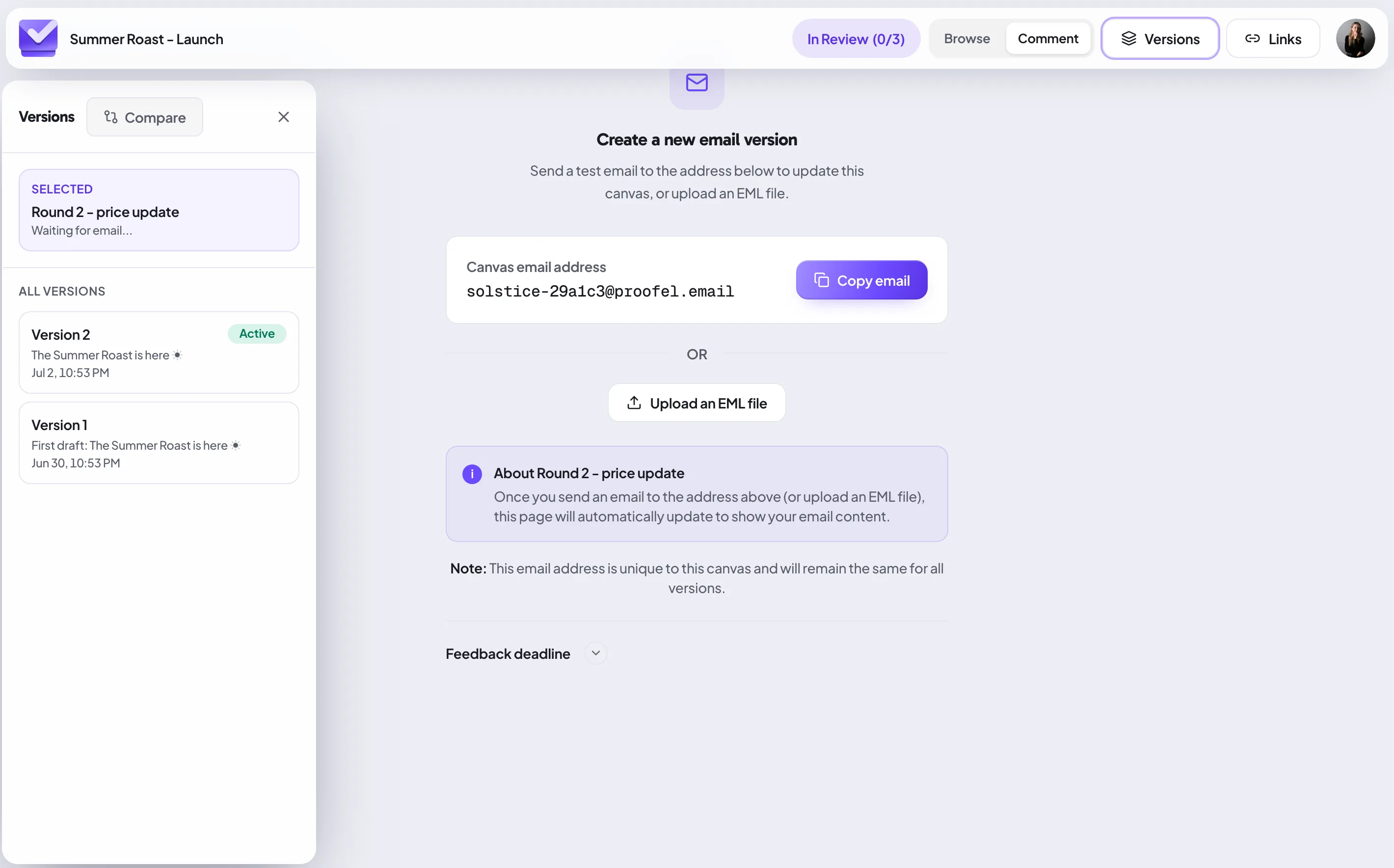 The empty-version state with the versions sidebar open, ready to receive a new draft