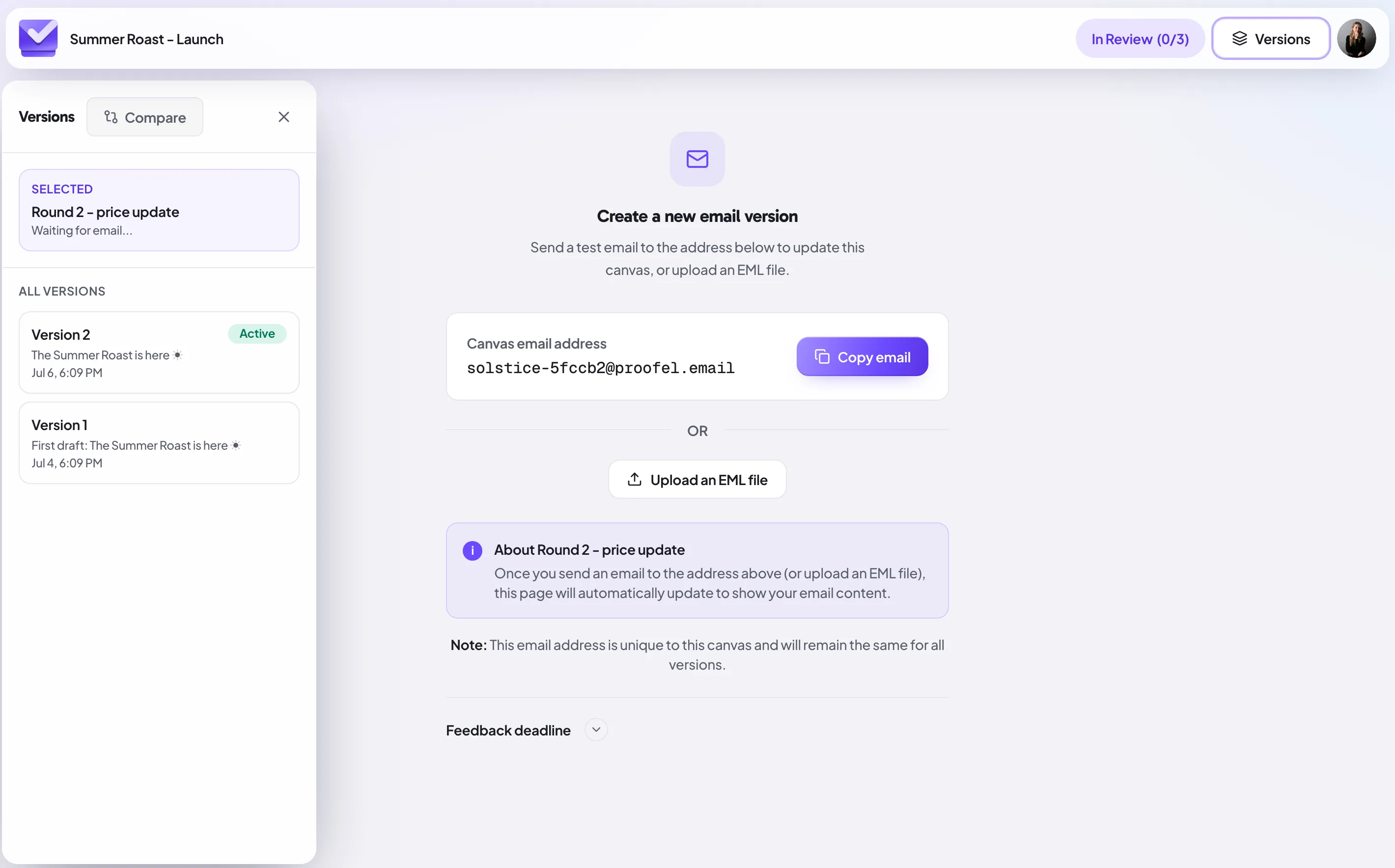 The empty-version state with the versions sidebar open, ready to receive a new draft