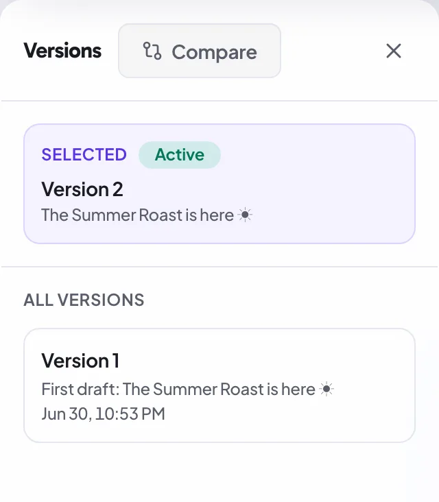 The Proofel version history panel with named versions and a compare toggle