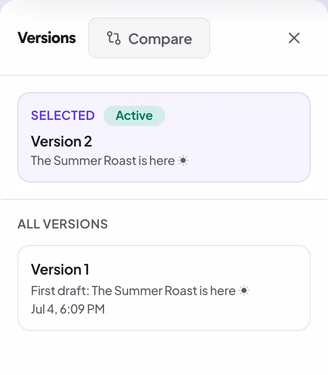 The Proofel version history panel with named versions and a compare toggle