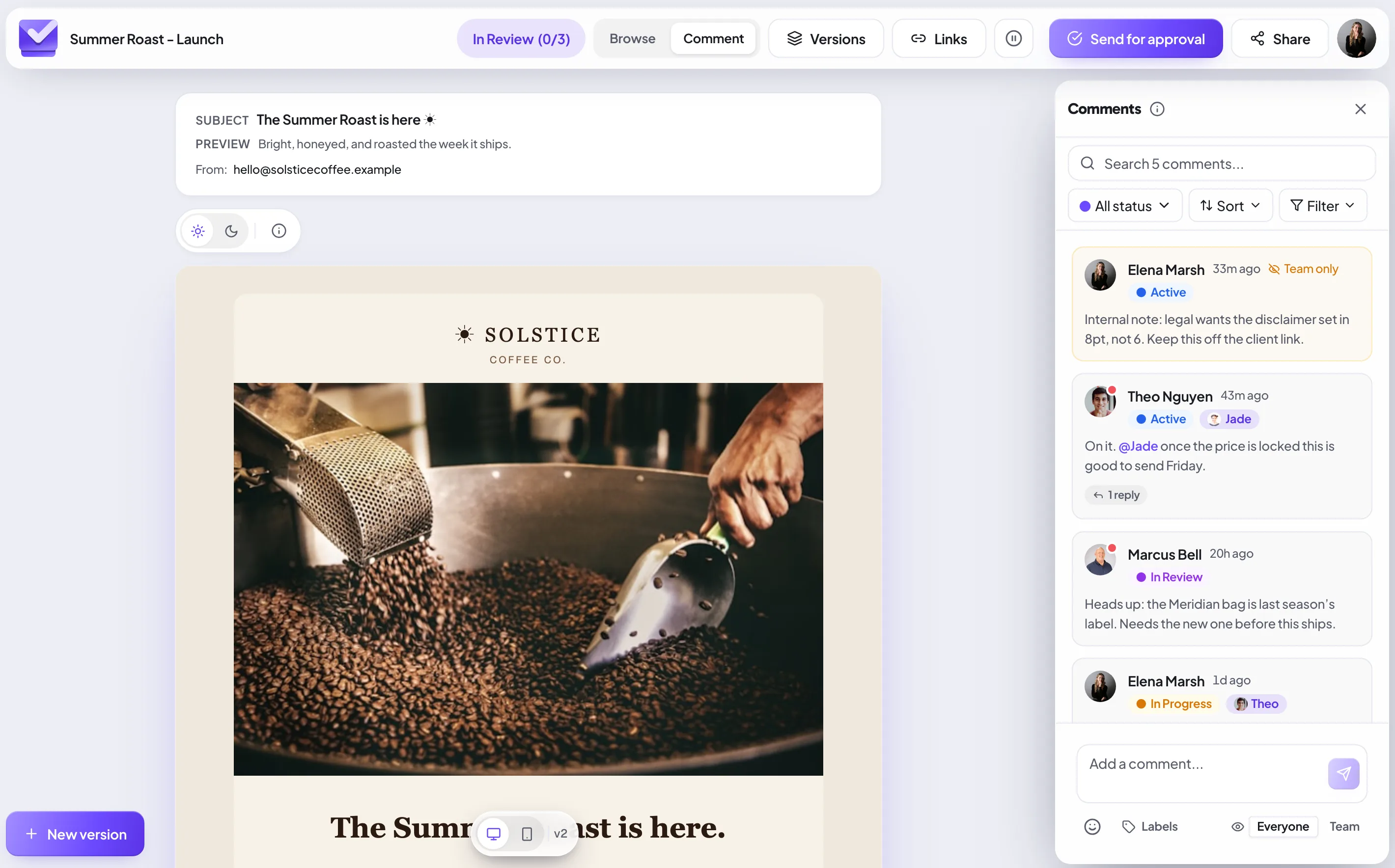 The Proofel viewer: the email with a pinned annotation, the header action buttons, and the comments sidebar