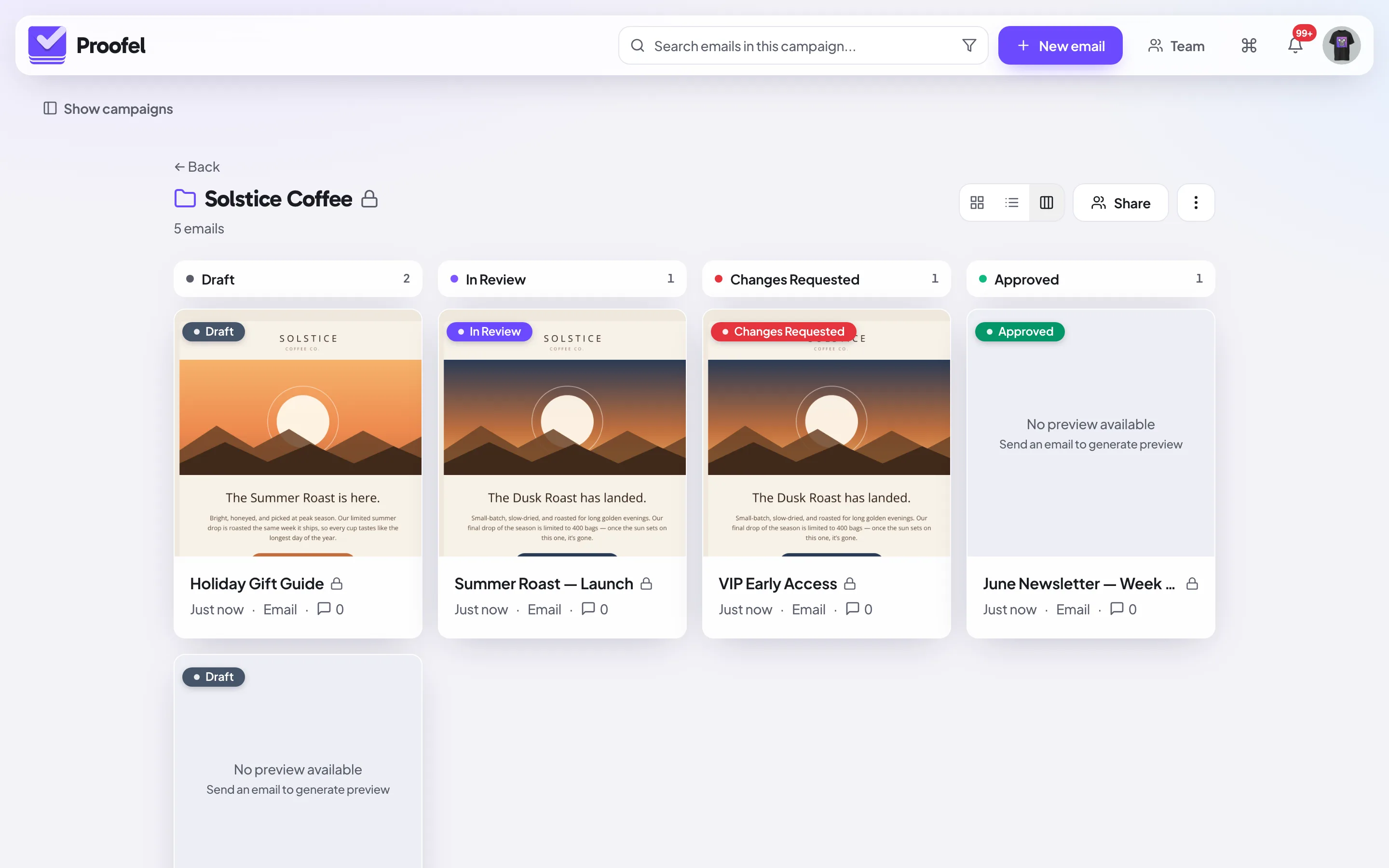 Kanban pipeline of campaigns across review stages