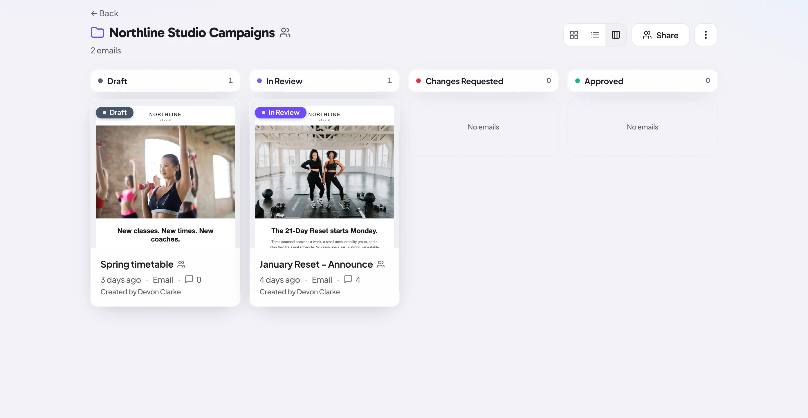 A team's campaign pipeline in Proofel, organized by review stage