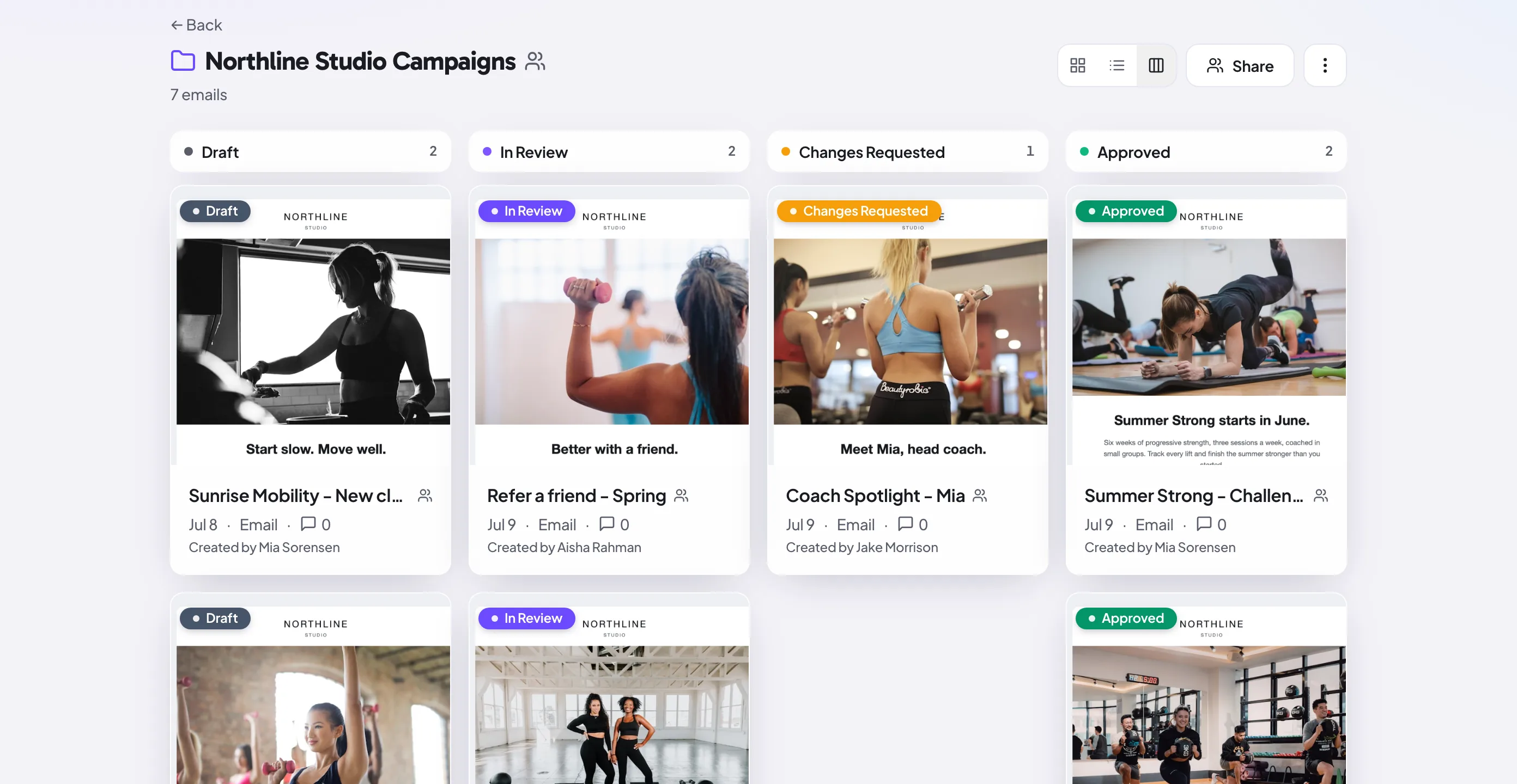 The Proofel dashboard Kanban pipeline of email campaigns by review stage
