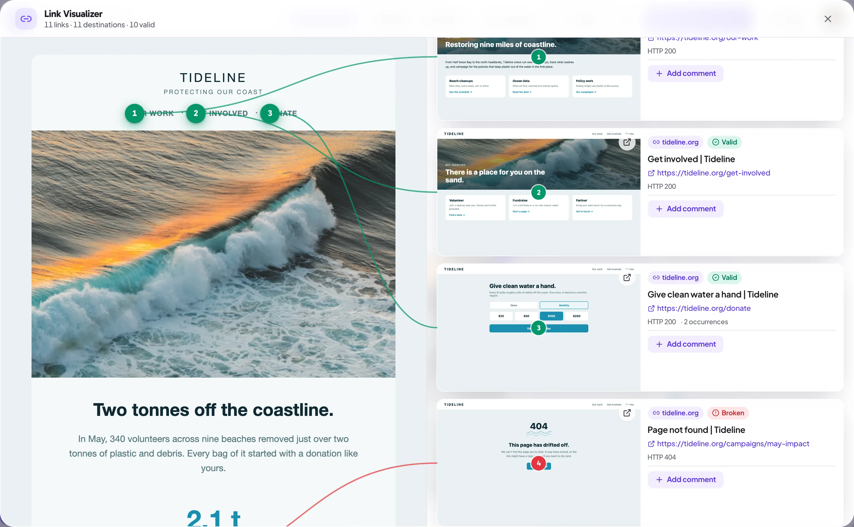 The Link Visualizer window with its header, showing each link's destination and status