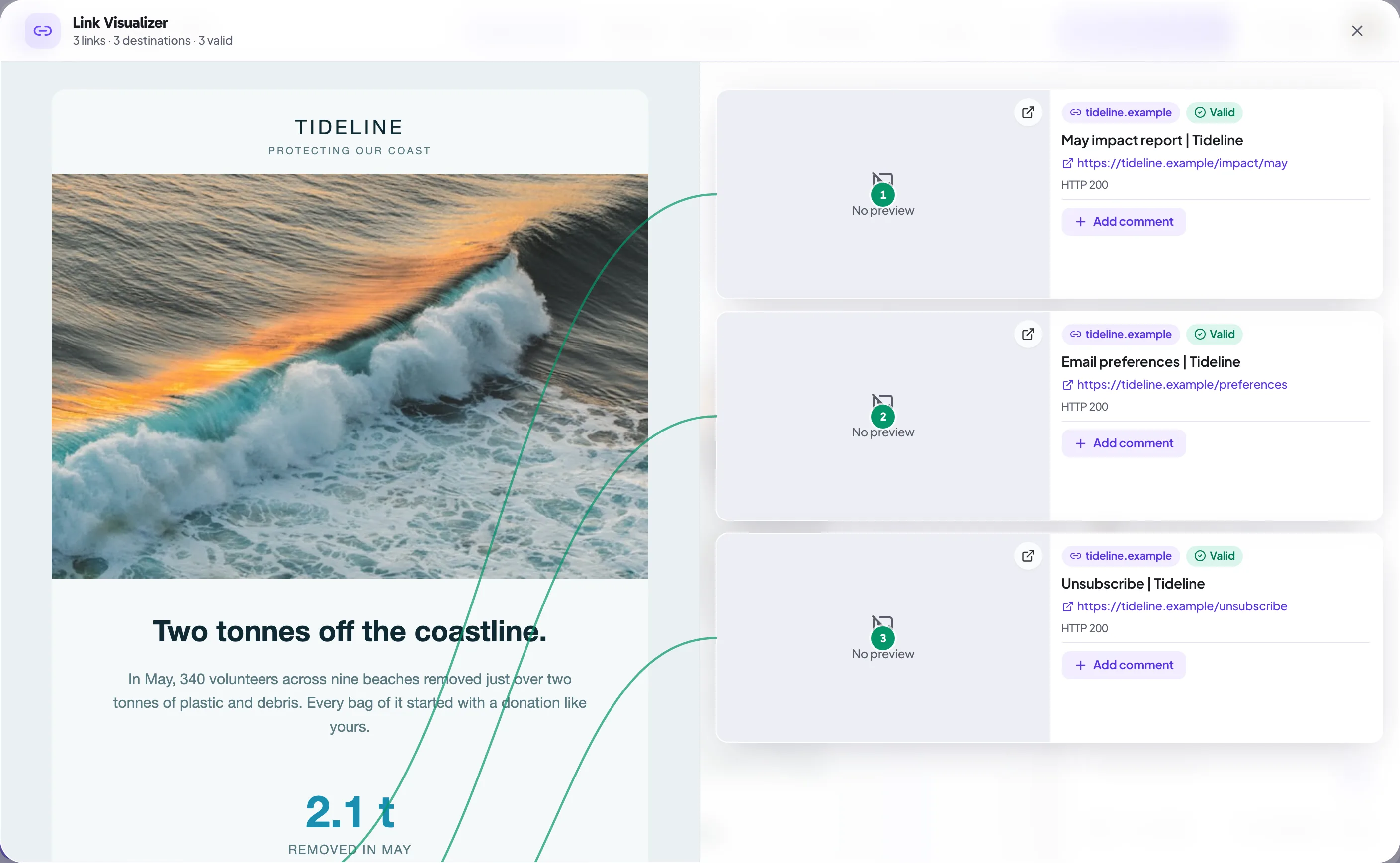 The Link Visualizer window with its header, showing each link's destination and status