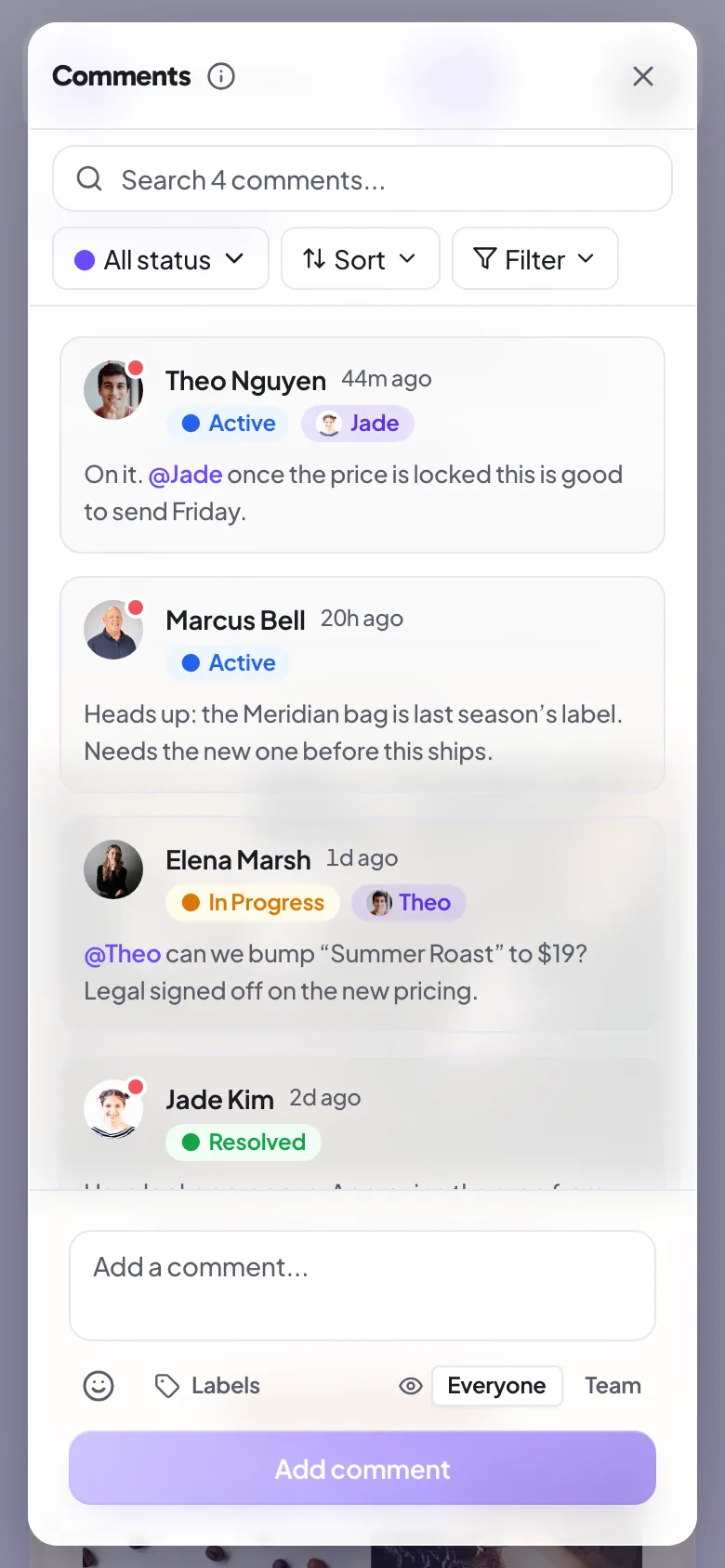 The comments sheet open on a phone
