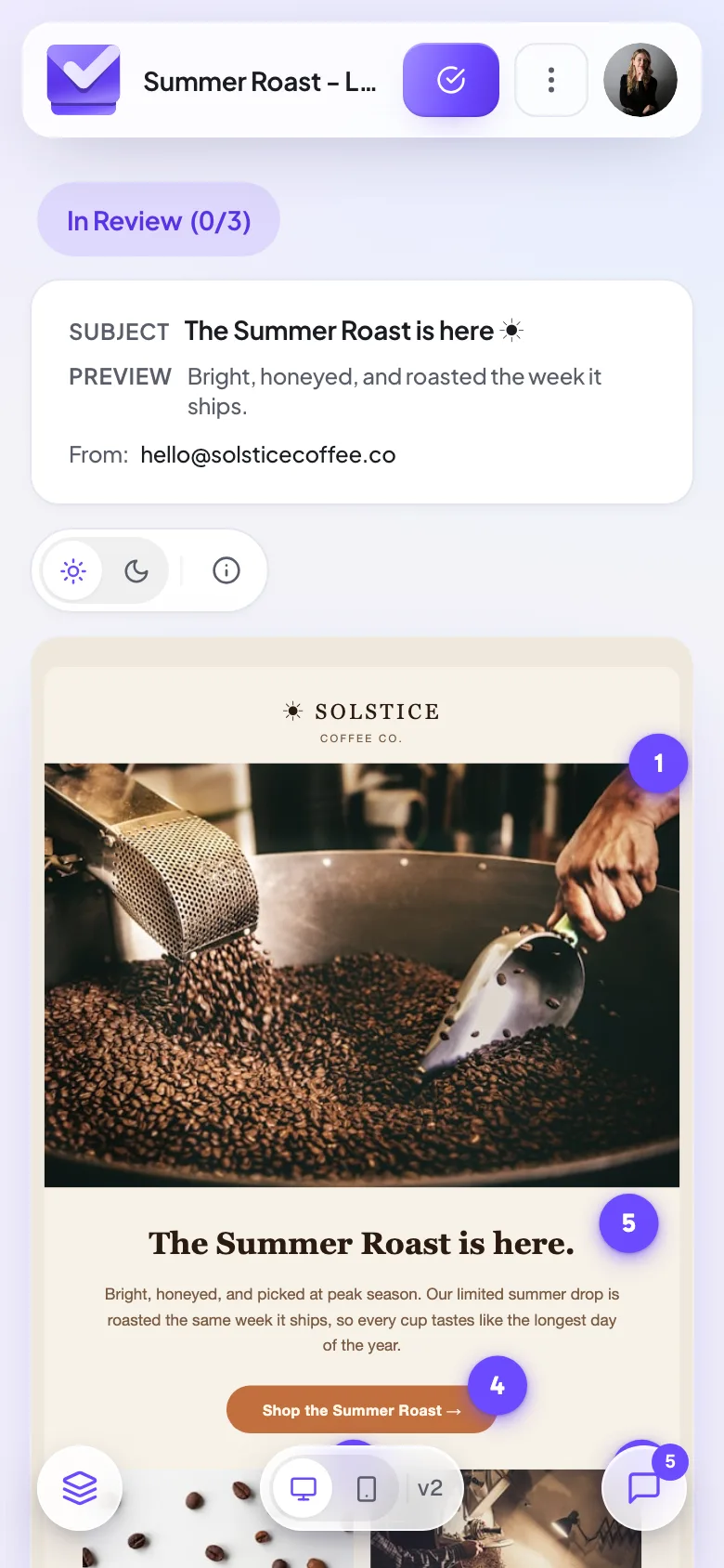 An email open for review in the Proofel mobile browser
