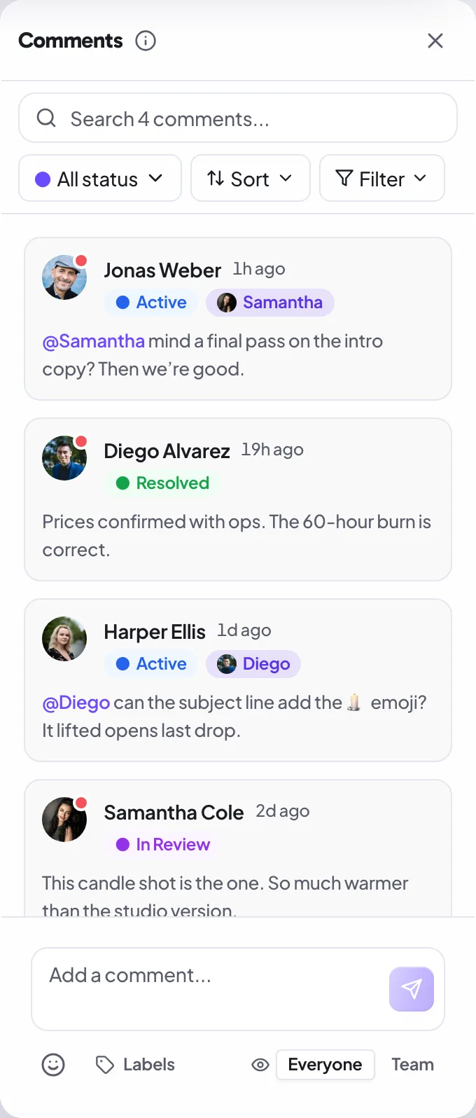 A team-only comment thread on a campaign